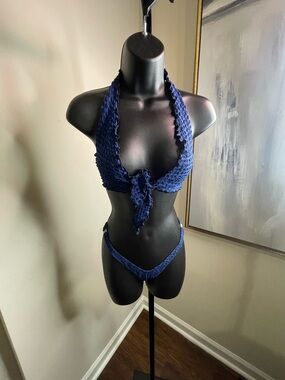 Navy plaid Textured Two-Piece Bikini Set